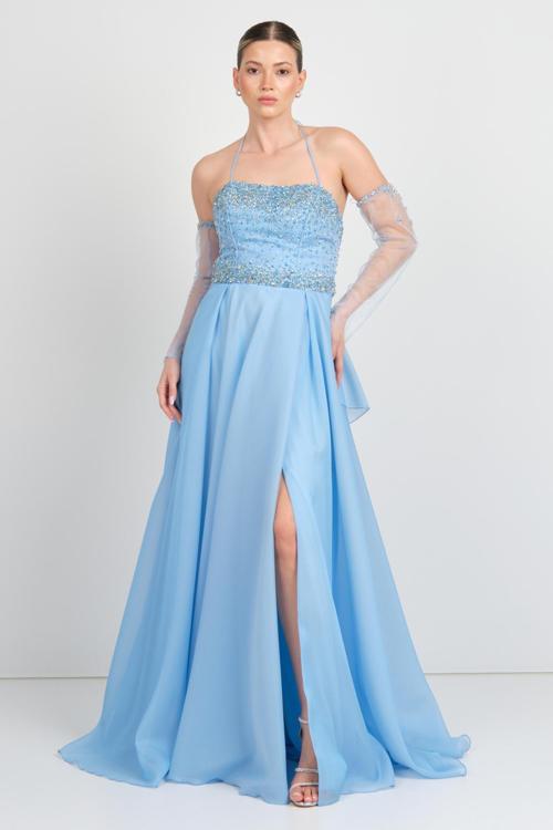 Kadın Boyundan Bağlamalı Seyyar Eldivenli Maxi Abiye Elbise 5641 Mavi