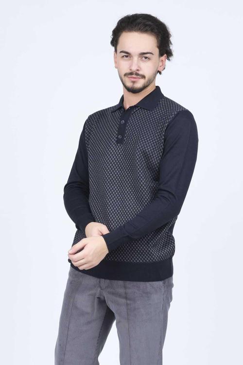 Erkek Desenli Polo Yaka Triko Yün Kazak 4533224 Lacivert