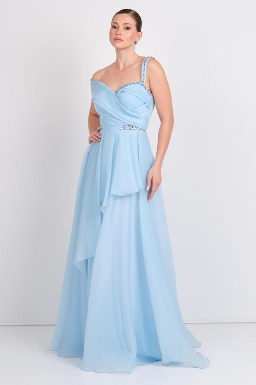 Kadın Tek Omuz Detaylı Şifon Kumaş Maxi Abiye Elbise 5614 Mavi