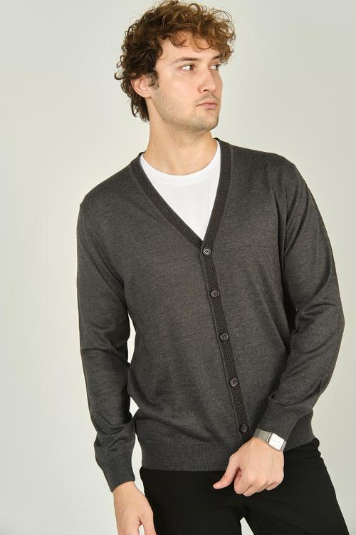 Erkek Düğmeli V Yaka Yün Hırka 2010 Koyu Gri