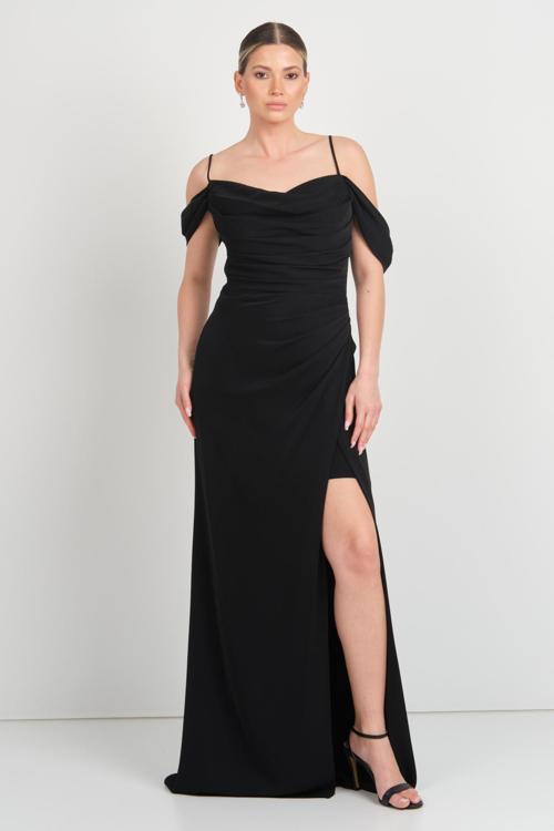 Kadın İp Askılı Drapeli Yırtmaçlı Uzun Abiye Elbise 5625 Siyah