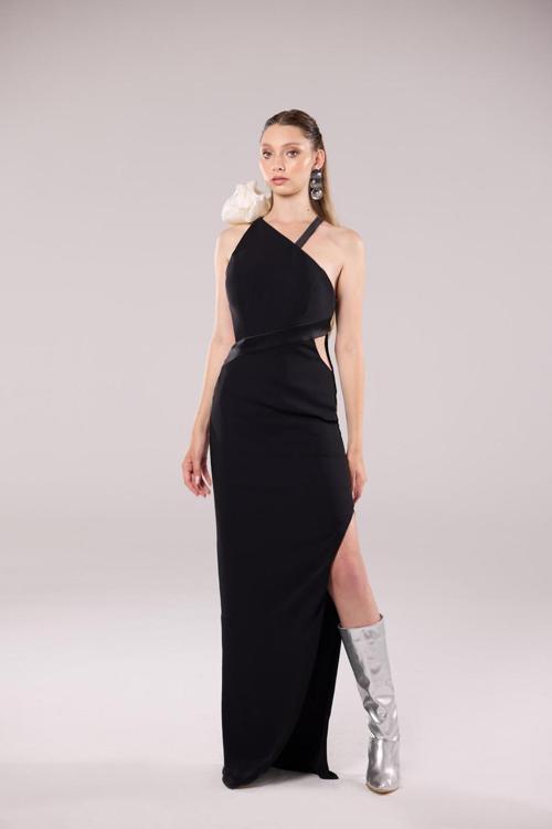 Kadın Sırt Dekolteli Omuz Detaylı Uzun Abiye Elbise 55604 Siyah