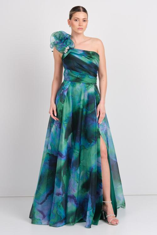 Kadın Tek Omuz Desenli Maxi Abiye Elbise 5632 Yeşil