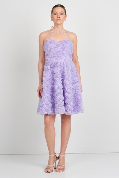 Kadın Kalp Yaka Boyundan Bağlamalı Kısa Abiye Elbise 5635 Lila