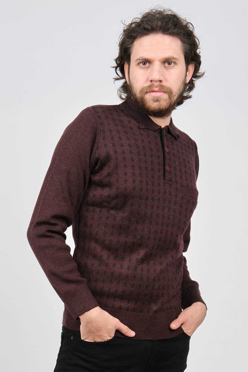 Erkek Cep Detaylı Polo Yaka Desenli Kazak 42544216 Bordo