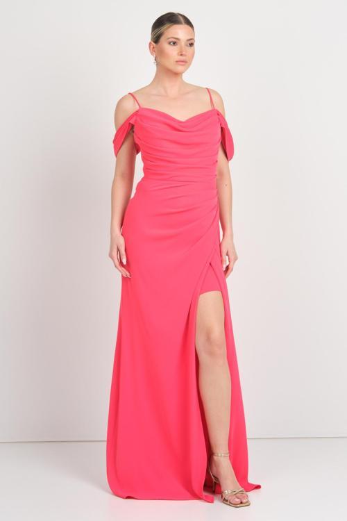 Kadın İp Askılı Drapeli Yırtmaçlı Uzun Abiye Elbise 5625 Mercan