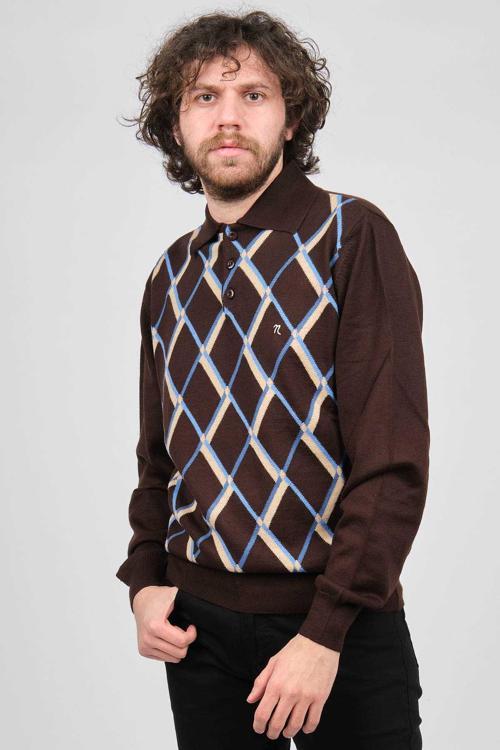 Erkek Polo Yaka Desenli Yün Kazak 1340406 Kahverengi