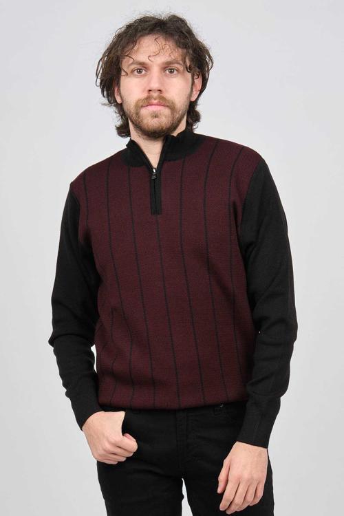 Erkek Çizgi Desenli Fermuarlı Yün Kazak 4539190 Bordo