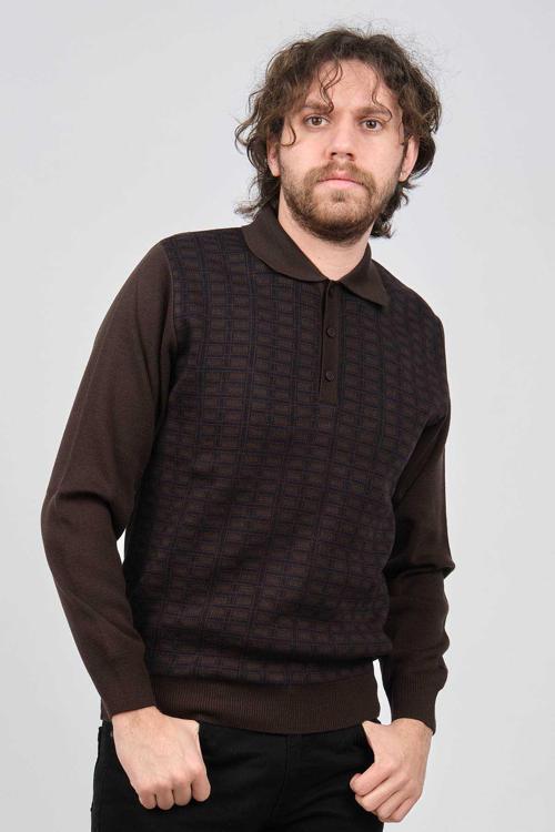 Erkek Polo Yaka Desenli Yün Kazak 6092101 Kahverengi