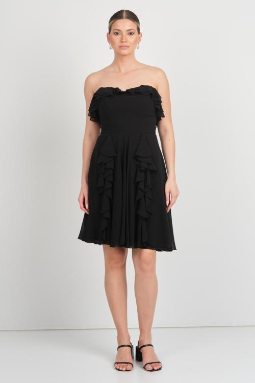 Kadın Kalp Yaka Fırfır Detaylı Şifon Abiye Elbise 5655 Siyah