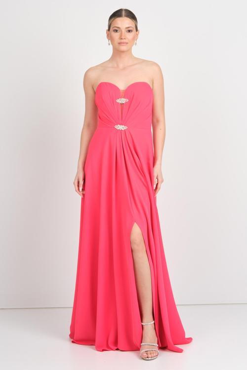 Kadın Straplez Taş Detaylı Yırtmaçlı Uzun Abiye Elbise 5656 Mercan