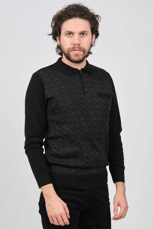 Erkek Cep Detaylı Polo Yaka Desenli Kazak 42544230 Siyah