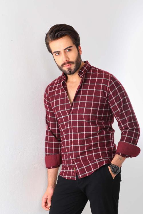 Erkek Kare Desenli Uzun Kol %100 Pamuk Gömlek 1502 Bordo