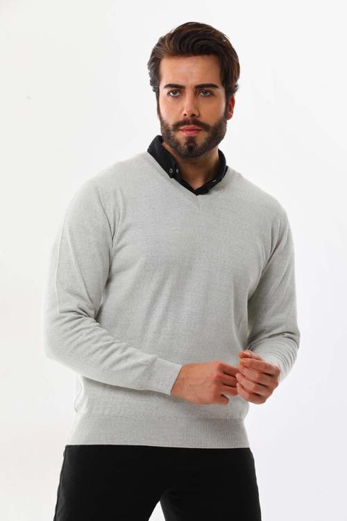 Erkek V Yaka Yün Kazak 5000 Açık Gri