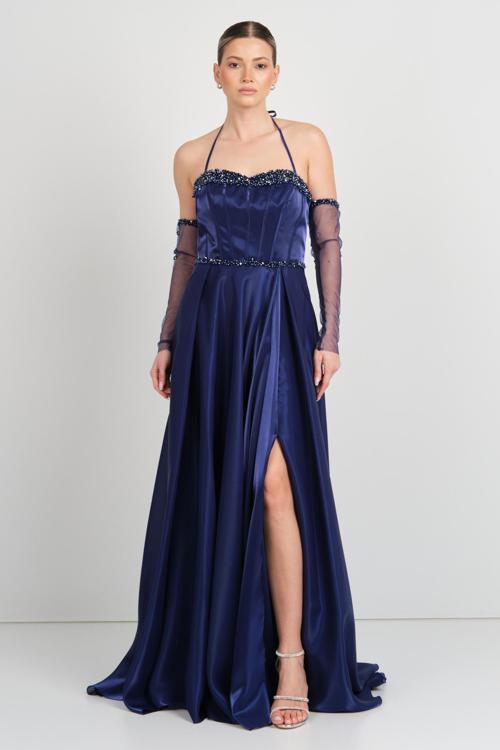 Kadın Boyundan Bağlamalı Taş İşlemeli Korsajlı Maxi Abiye Elbise 5629 Lacivert