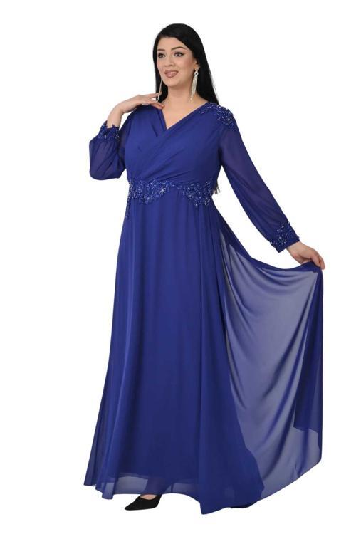 Kadın Büyük Beden Uzun Şifon Abiye Elbise 9573 Saks