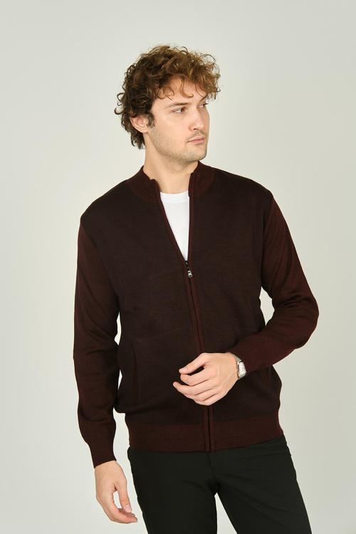 Erkek Fermuarlı Cep Detaylı Hakim Yaka Yün Hırka 4491 K.Bordo