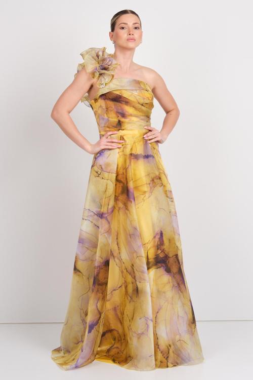 Kadın Tek Omuz Desenli Maxi Abiye Elbise 5632 Sarı