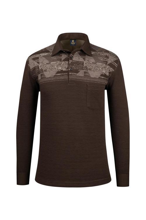 Erkek Uzun Kollu Desenli Gömlek Yaka Kol Manşetli Cepli Sweat 5026 Kahverengi