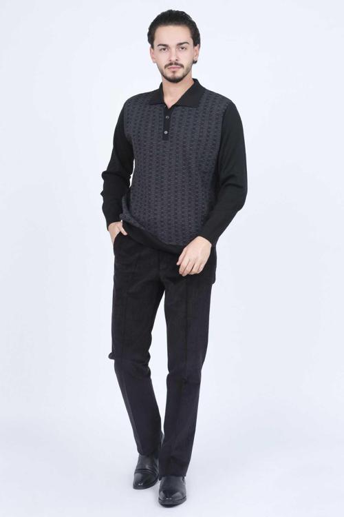 Erkek Polo Yaka Desenli Yün Kazak 6092073 Siyah