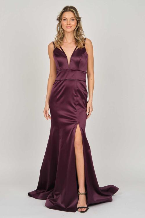 Kadın Saten Askılı Abiye Elbise 5437771 Mürdüm