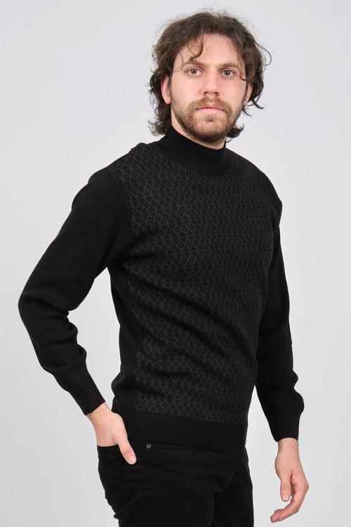 Erkek Yarım Balıkçı Desenli Yün Kazak 6092089 Siyah