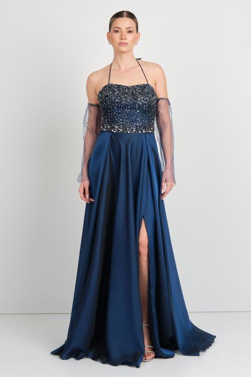 Kadın Boyundan Bağlamalı Seyyar Eldivenli Maxi Abiye Elbise 5641 Lacivert