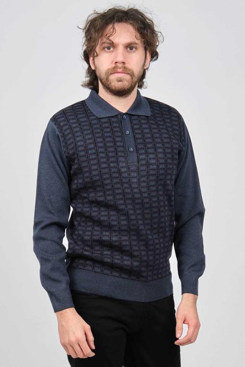 Erkek Polo Yaka Desenli Yün Kazak 6092101 Indigo