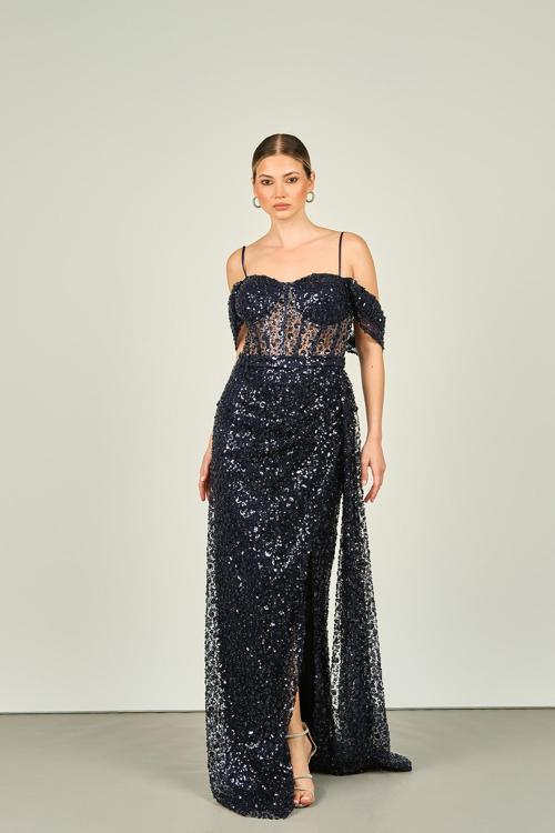 Kadın Askılı Üst Beden Transparan Full Taş ve Payet Detaylı Uzun Abiye Elbise 4606 Lacivert