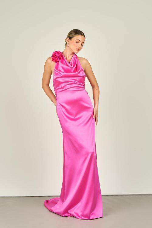 Kadın Boyundan Bağlamalı Degaje Yaka Uzun Abiye Elbise 55425-01 Pembe