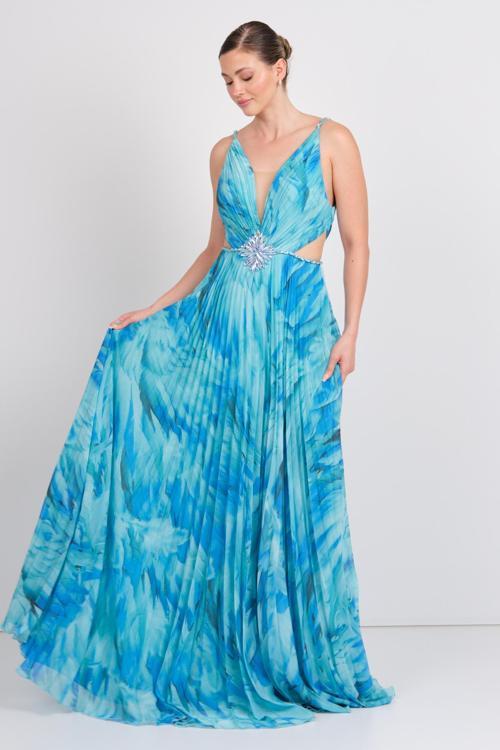 Ömür Inn Kadın Derin V Yakalı Desenli Pencere Detaylı Maxi Abiye Elbise 5512 Turkuaz