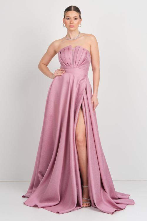 Kadın Straplez Sırttan Çapraz Bağlamalı Maxi Boy Abiye Elbise 5703 Pudra