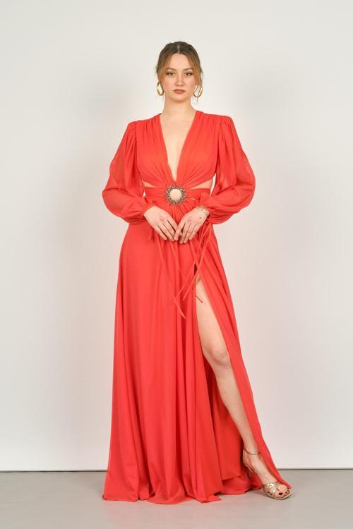 Kadın Uzun Kollu Şifon Abiye Elbise 8135 Nar Çiçeği