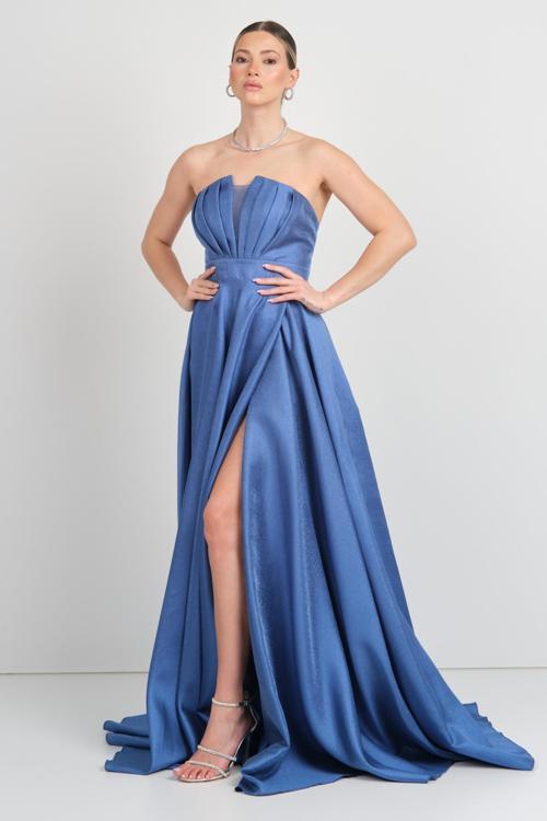 Kadın Straplez Sırttan Çapraz Bağlamalı Maxi Boy Abiye Elbise 5703 Indigo