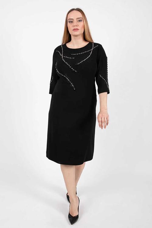 Kadın Büyük Beden Krep Kumaş Kristal Taş İşlemeli Abiye Elbise 4267 Siyah