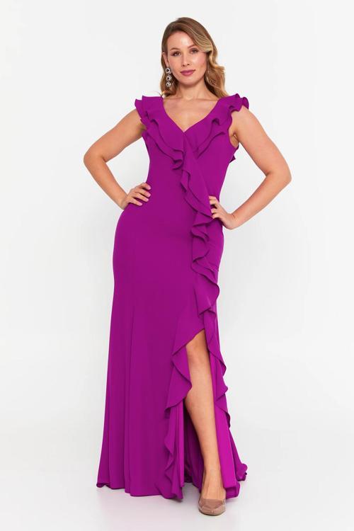 Kadın Büyük Beden Fırfır Detaylı Balık Form Abiye Elbise 8329 Orkide