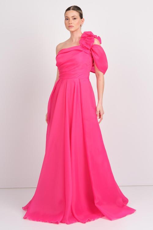Kadın Tek Omuz Detaylı Sırt Bağlamalı Uzun Abiye Elbise 4540 Fuşya