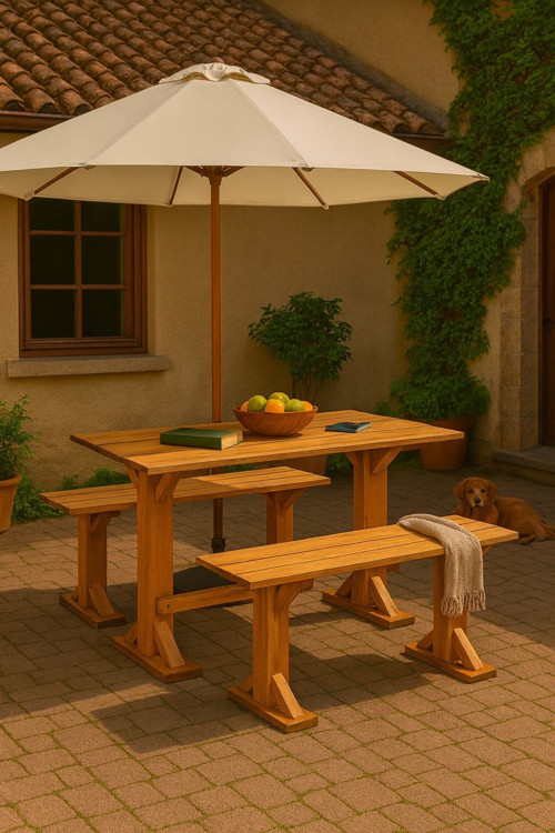 Masif Ahşap Bahçe Masa Bahçe Takımı Masa 2 Adet Bank Ceviz Renk