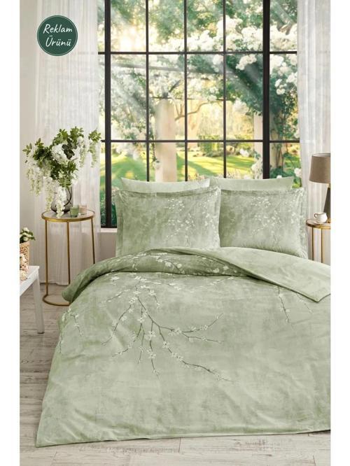 Yeşil White Sakura Çift Kişilik Lastikli Çarşaf Nevresim Takımı 7220