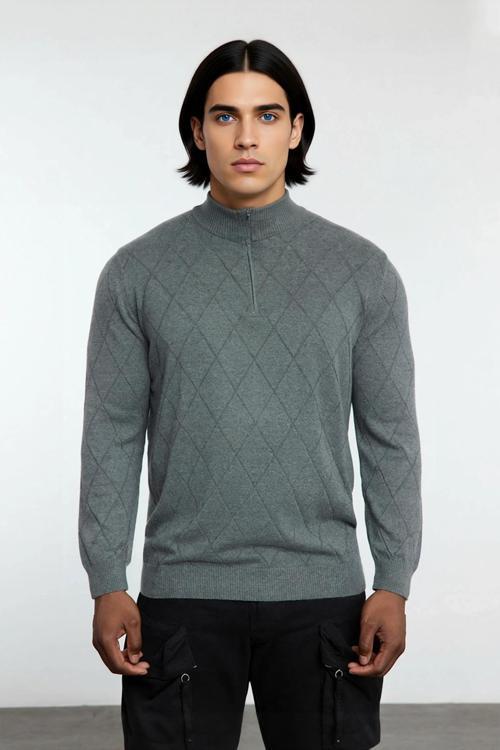 Erkek Gri Regular Fit Yarım Fermuarlı Dik Yaka Baklava Triko Kazak Kışlık Günlük Şıklık İçin