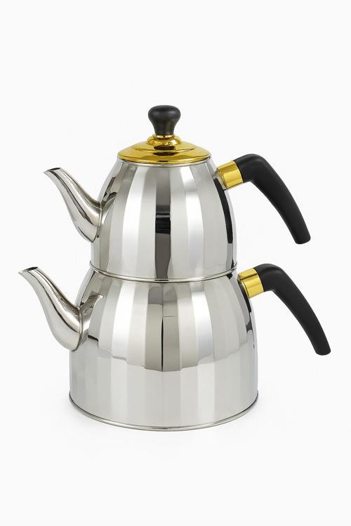 Vıcalına Paslanmaz Çelik Ikili Çaydanlık Takımı – 1 Lt & 2.5 Lt – Altın Kapaklı, Siyah Saplı
