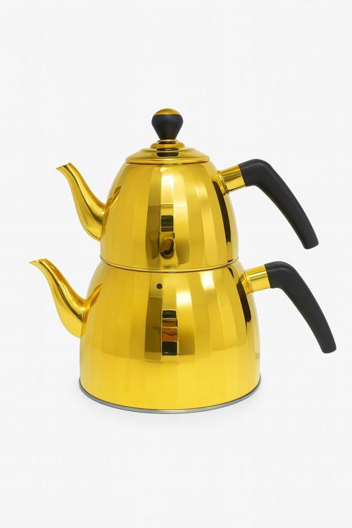 Vıcalına Paslanmaz Çelik Gold Çaydanlık Takımı - Üst 1L / Alt 2.5L - Ergonomik Siyah Saplı