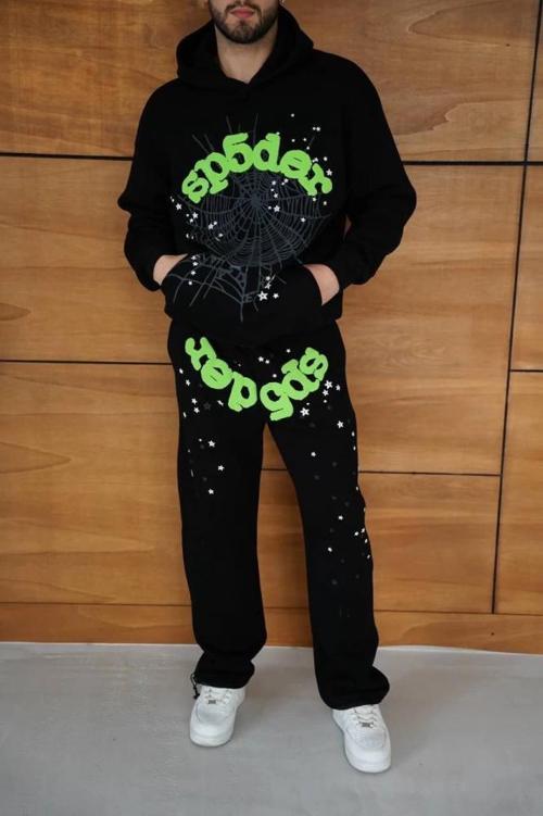 MDB Erkek Kapüşonlu Eşofman Takım Örümcek Ağı Ve Neon Yeşil Baskılı Kanguru Cepli Oversize Rahat Kal