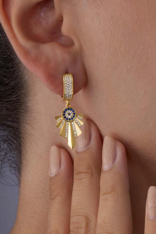 Özel Tasarım Altın Kaplama Nazar Boncuklu Gümüş Küpe