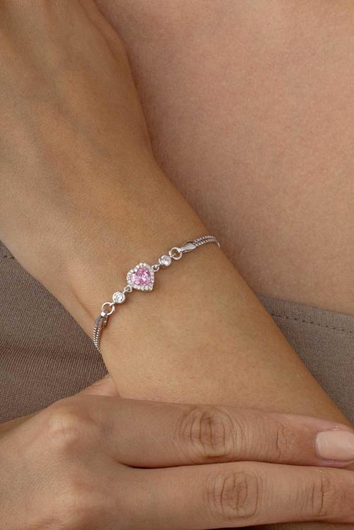 Pembe Taşlı Kalp Gümüş Su Yolu Bileklik