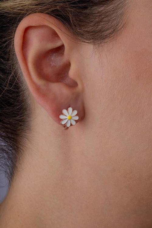 Mineli Papatya Motifli Gümüş J Küpe