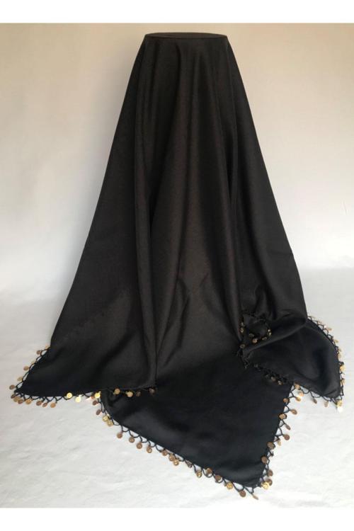 Pullu Tığ Oyası Siyah Tülbent Eşarp Yazma Başörtüsü Namaz Bezi