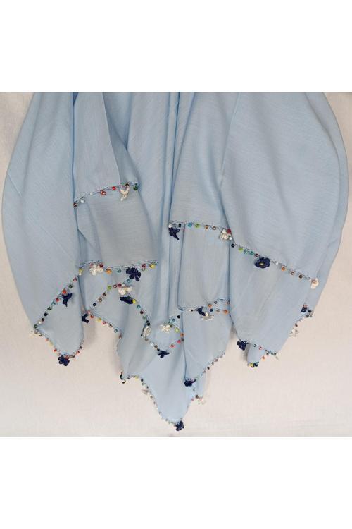 Lacivert Gül Oya Boncuklu Tığ Oyası Bebe Mavisi Baş Örtüsü Eşarp Namaz Bezi