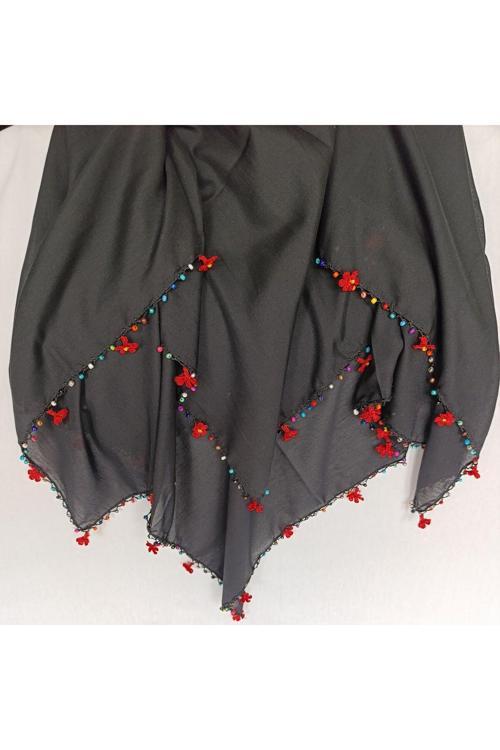 Kırmızı Gül Oya Boncuklu Tığ Oyası Siyah Baş Örtüsü Eşarp Namaz Bezi
