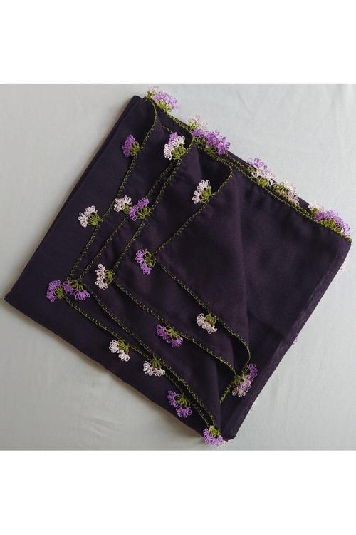 Mor Menekşe Iğne Oyası Mor Baş Örtüsü Eşarp Namaz Bezi